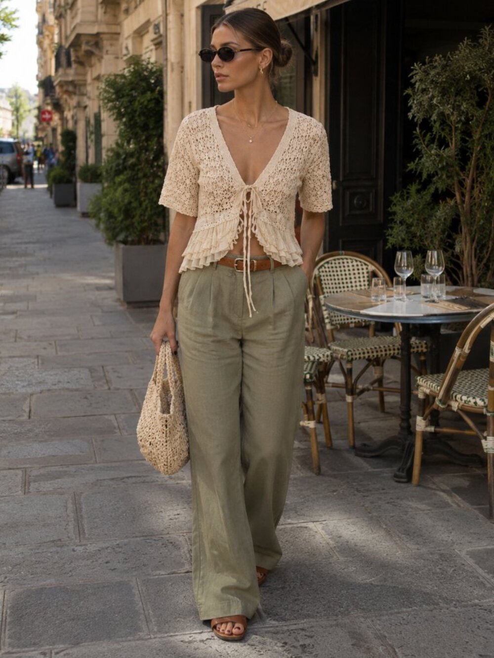 Zara Crochet Tie Front Knit Top Beige Size S